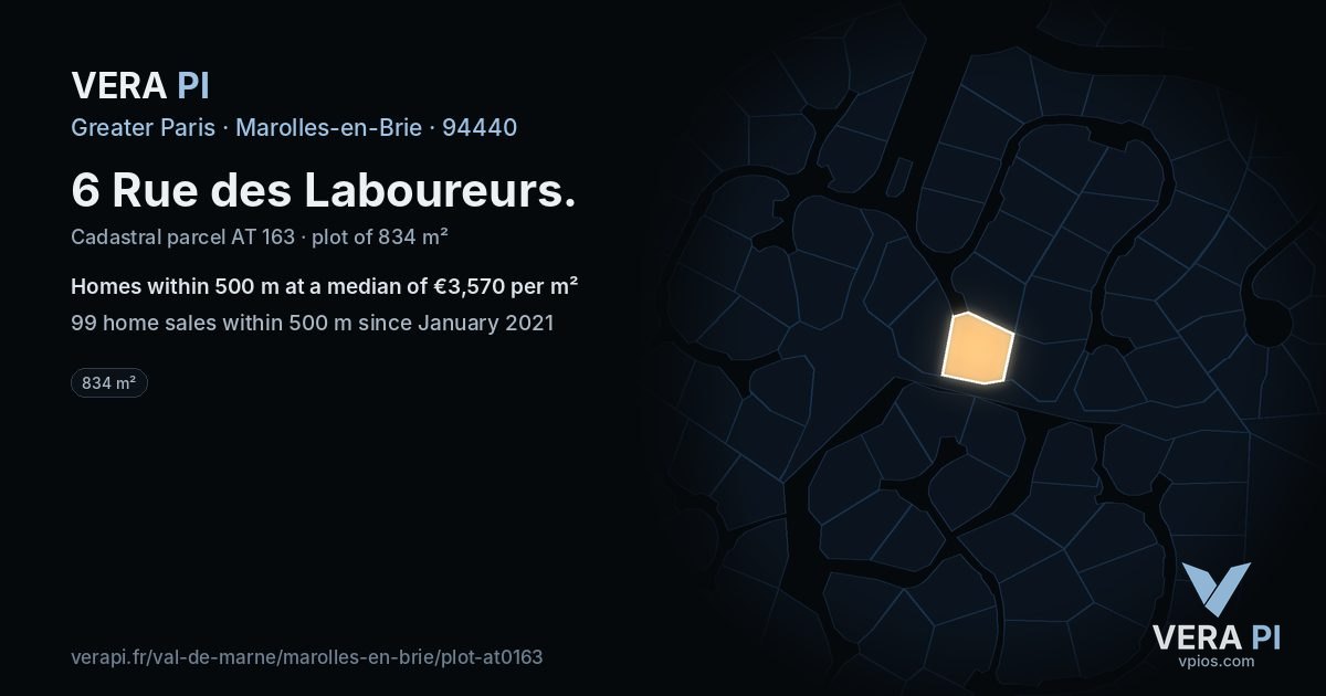 6 Rue des Laboureurs, Marolles-en-Brie at night – the plot lit, the parcels around coloured by the prices near them