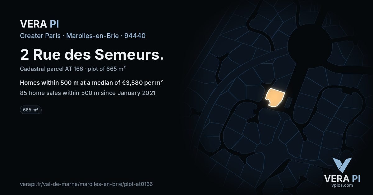 2 Rue des Semeurs, Marolles-en-Brie at night – the plot lit, the parcels around coloured by the prices near them