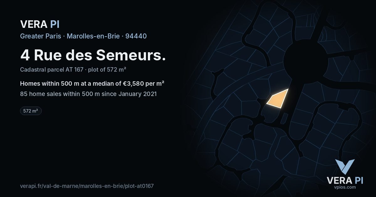 4 Rue des Semeurs, Marolles-en-Brie at night – the plot lit, the parcels around coloured by the prices near them