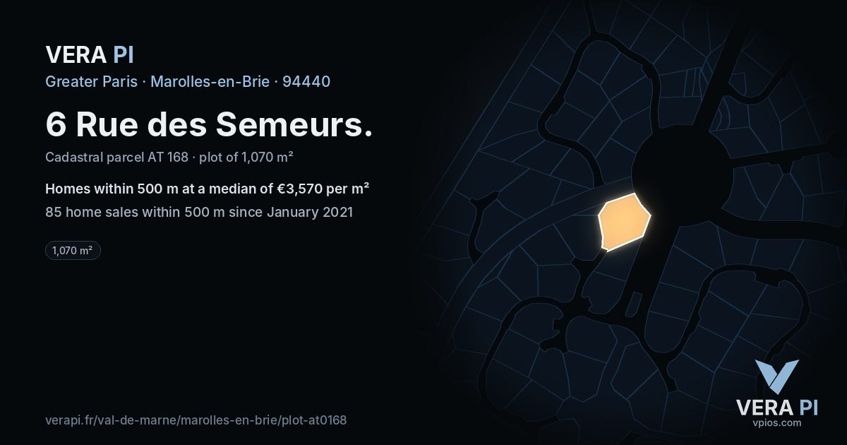 6 Rue des Semeurs, Marolles-en-Brie at night – the plot lit, the parcels around coloured by the prices near them