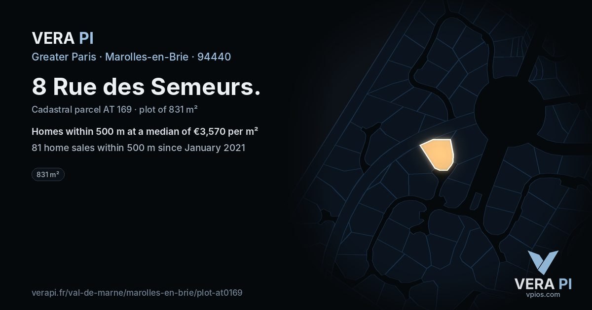 8 Rue des Semeurs, Marolles-en-Brie at night – the plot lit, the parcels around coloured by the prices near them
