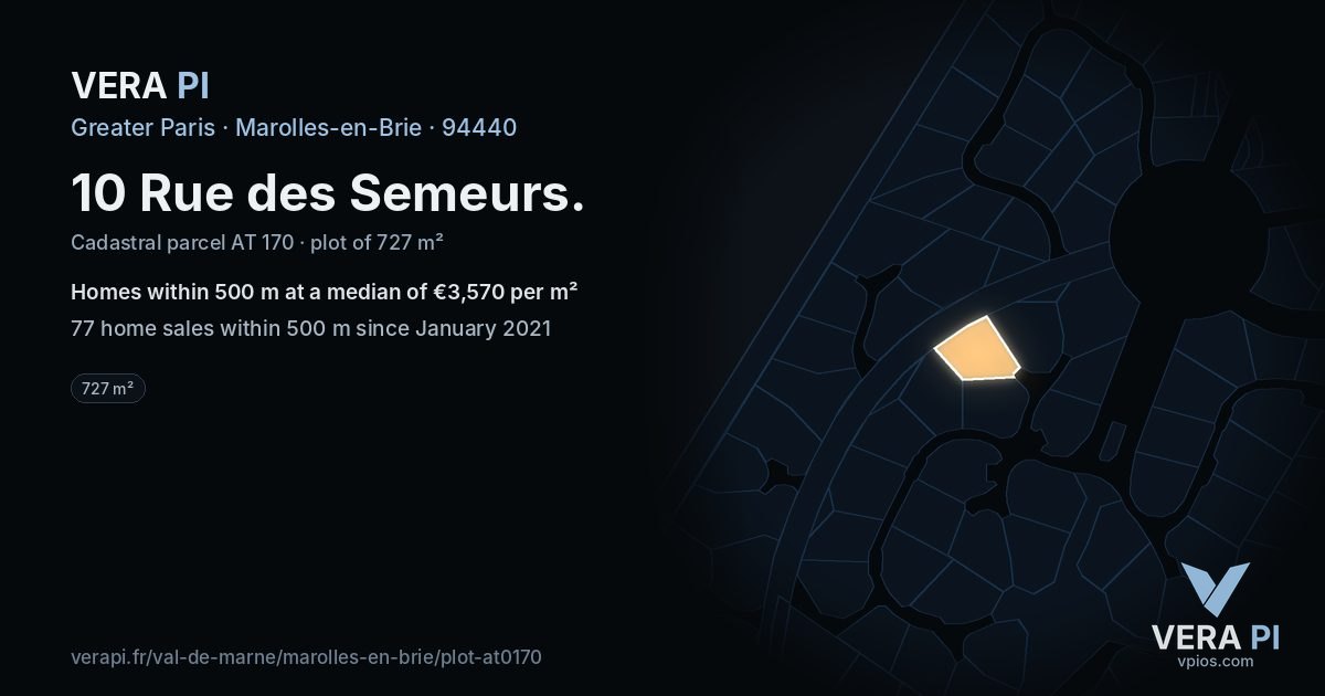 10 Rue des Semeurs, Marolles-en-Brie at night – the plot lit, the parcels around coloured by the prices near them