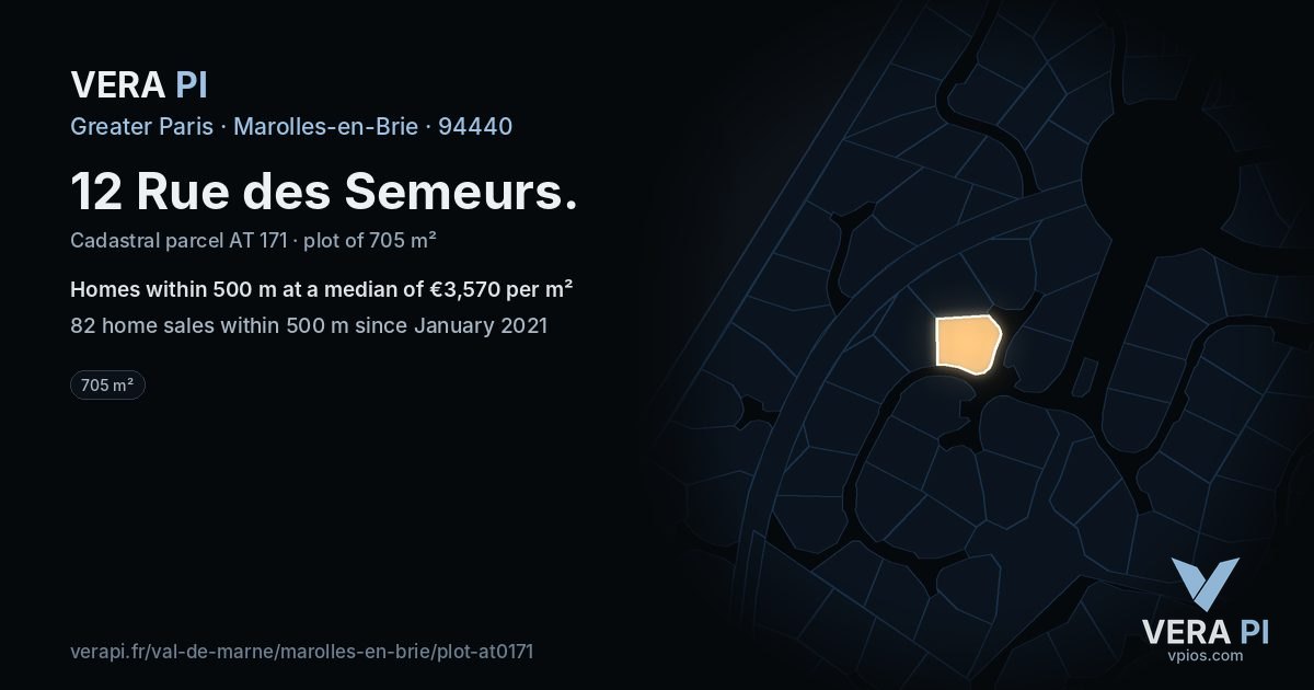 12 Rue des Semeurs, Marolles-en-Brie at night – the plot lit, the parcels around coloured by the prices near them