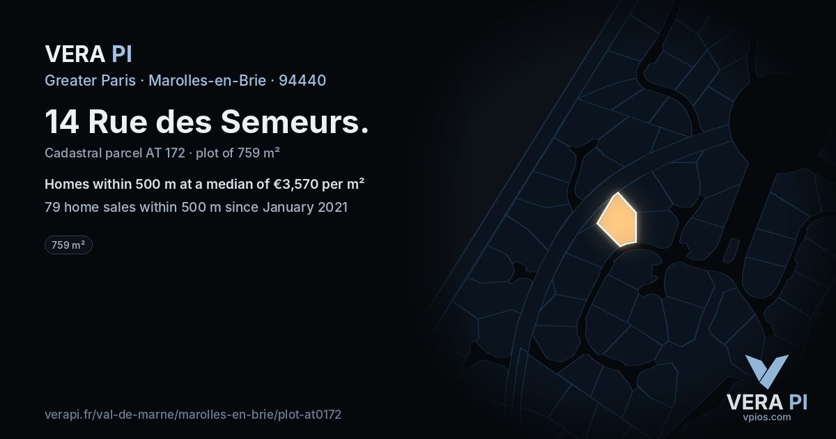 14 Rue des Semeurs, Marolles-en-Brie at night – the plot lit, the parcels around coloured by the prices near them