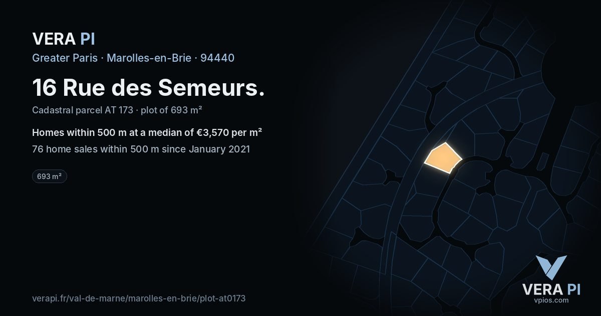 16 Rue des Semeurs, Marolles-en-Brie at night – the plot lit, the parcels around coloured by the prices near them