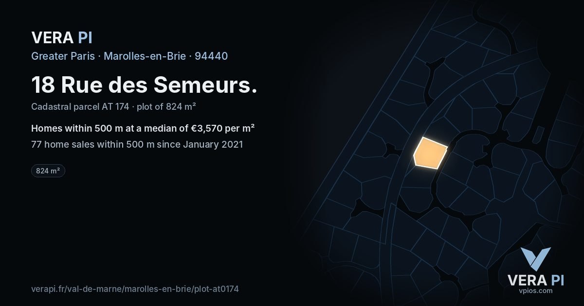18 Rue des Semeurs, Marolles-en-Brie at night – the plot lit, the parcels around coloured by the prices near them
