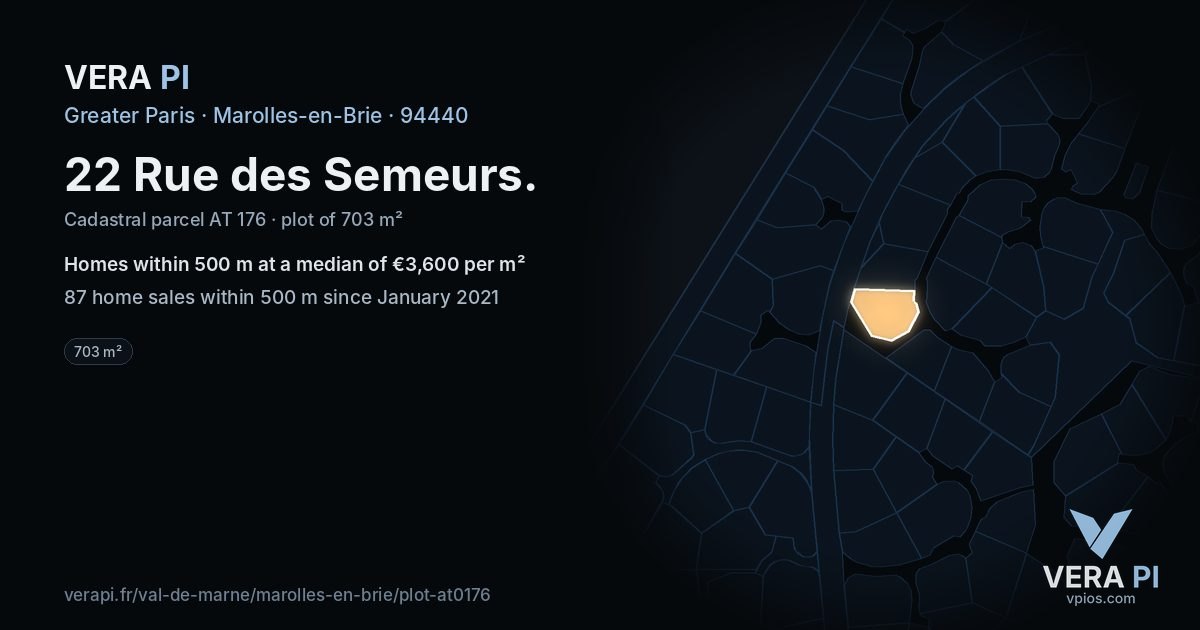 22 Rue des Semeurs, Marolles-en-Brie at night – the plot lit, the parcels around coloured by the prices near them