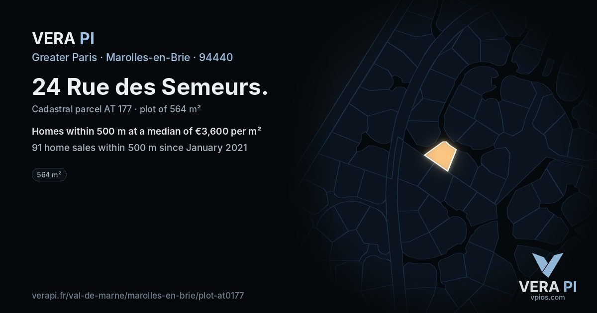 24 Rue des Semeurs, Marolles-en-Brie at night – the plot lit, the parcels around coloured by the prices near them
