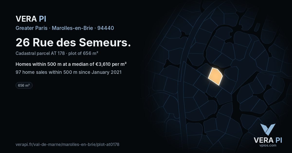 26 Rue des Semeurs, Marolles-en-Brie at night – the plot lit, the parcels around coloured by the prices near them
