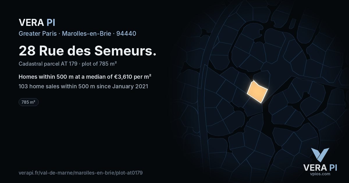 28 Rue des Semeurs, Marolles-en-Brie at night – the plot lit, the parcels around coloured by the prices near them