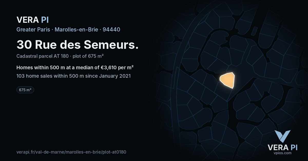 30 Rue des Semeurs, Marolles-en-Brie at night – the plot lit, the parcels around coloured by the prices near them