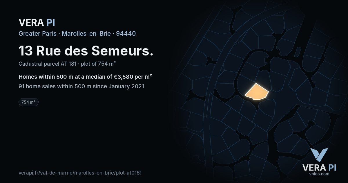13 Rue des Semeurs, Marolles-en-Brie at night – the plot lit, the parcels around coloured by the prices near them