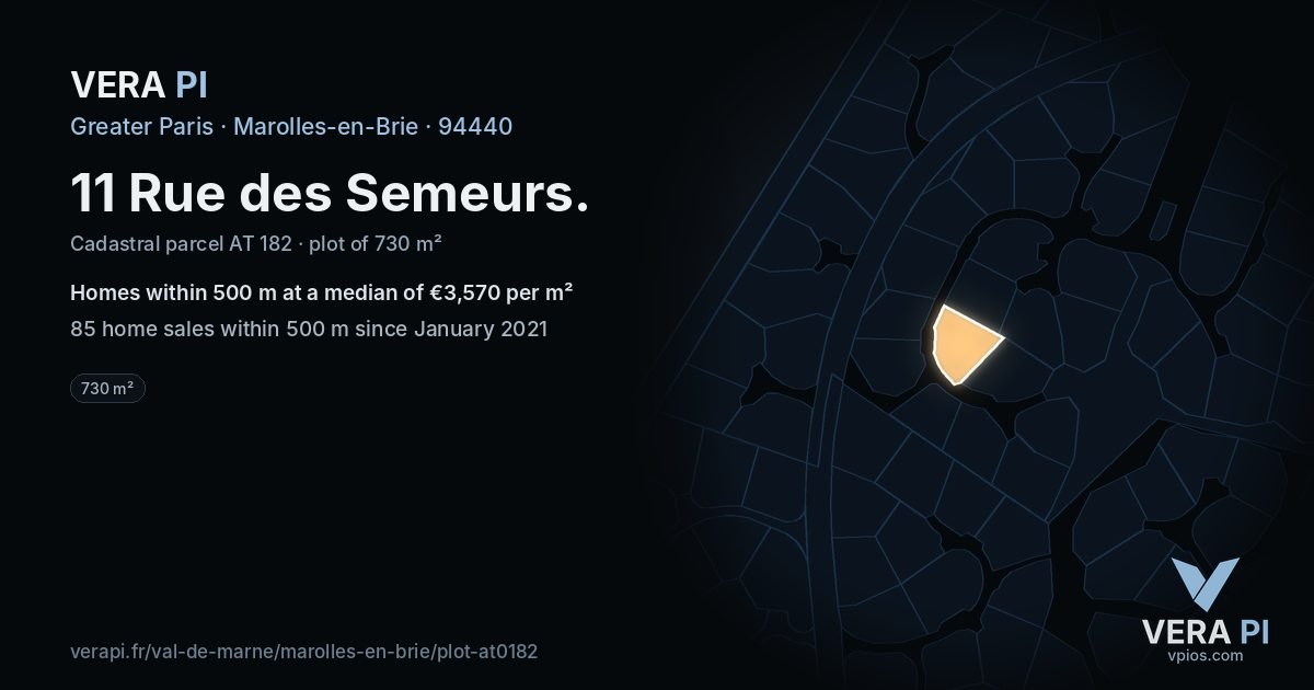 11 Rue des Semeurs, Marolles-en-Brie at night – the plot lit, the parcels around coloured by the prices near them