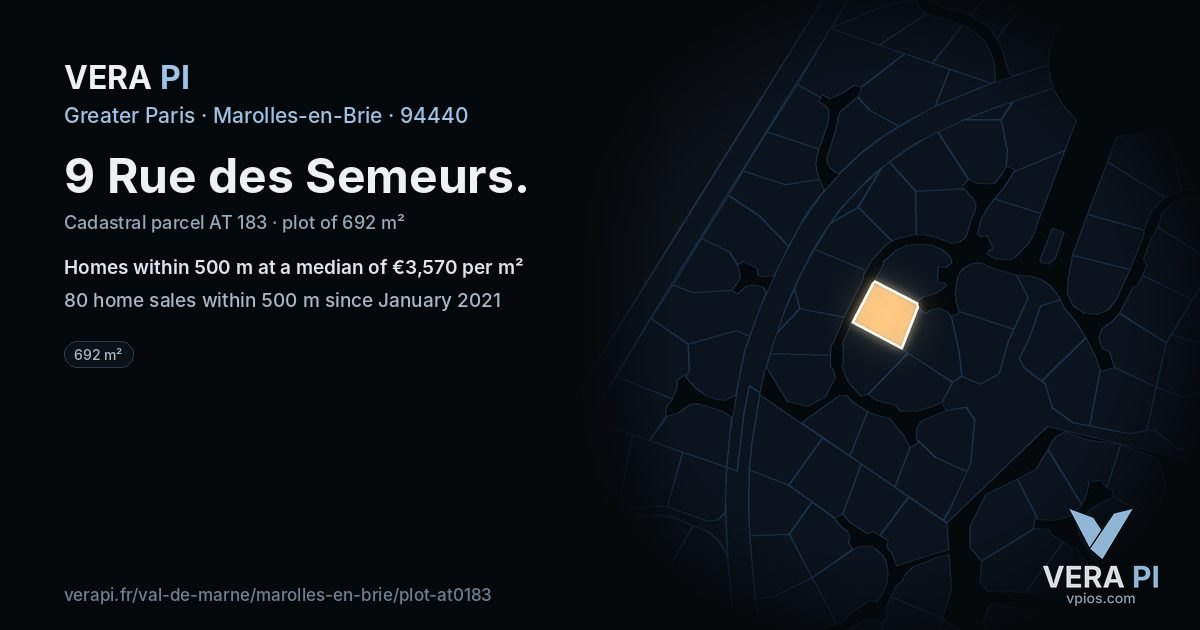 9 Rue des Semeurs, Marolles-en-Brie at night – the plot lit, the parcels around coloured by the prices near them