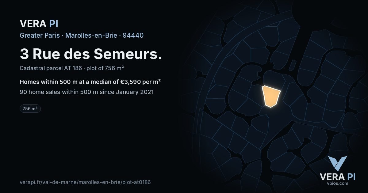 3 Rue des Semeurs, Marolles-en-Brie at night – the plot lit, the parcels around coloured by the prices near them
