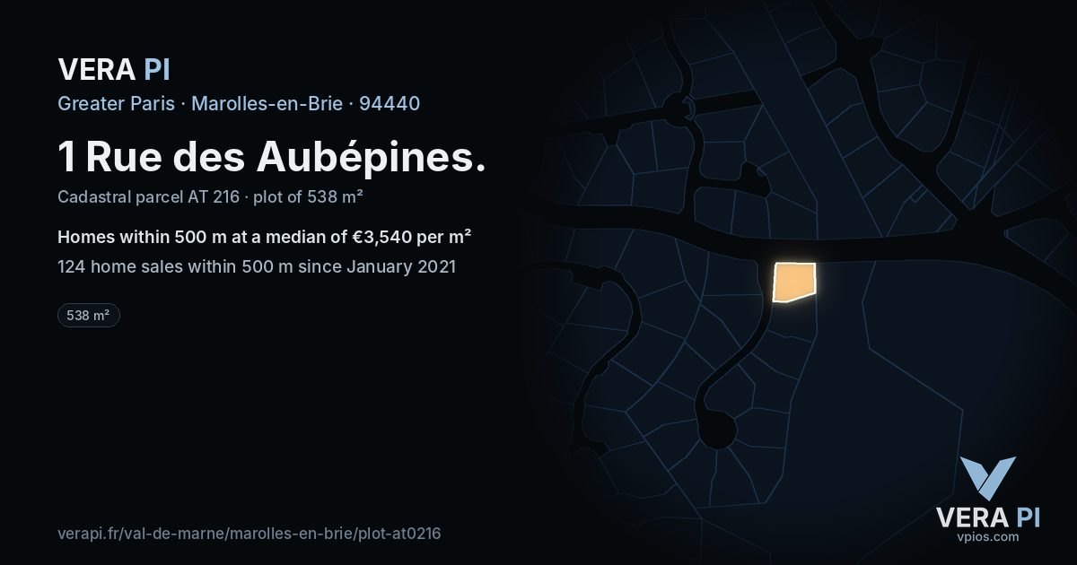1 Rue des Aubépines, Marolles-en-Brie at night – the plot lit, the parcels around coloured by the prices near them