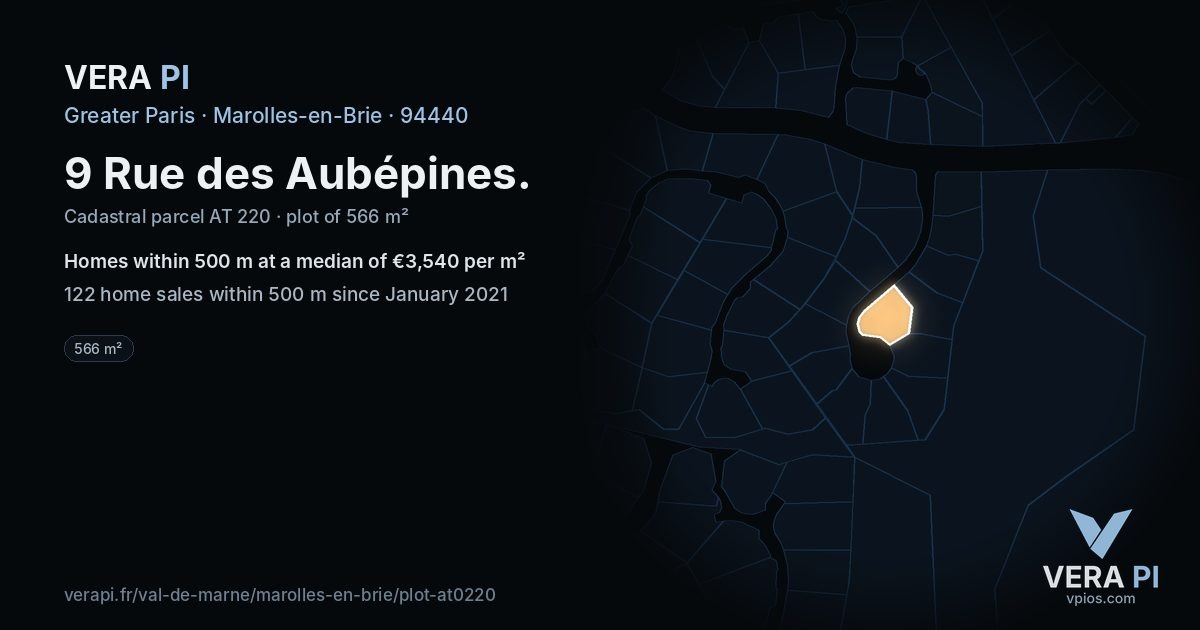 9 Rue des Aubépines, Marolles-en-Brie at night – the plot lit, the parcels around coloured by the prices near them