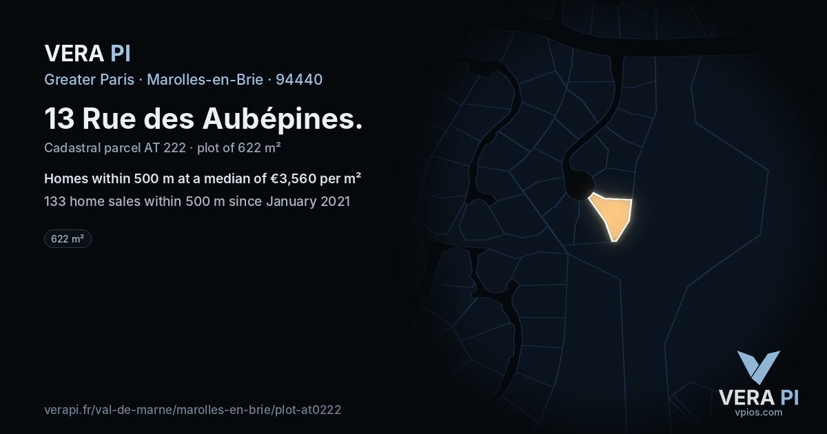 13 Rue des Aubépines, Marolles-en-Brie at night – the plot lit, the parcels around coloured by the prices near them
