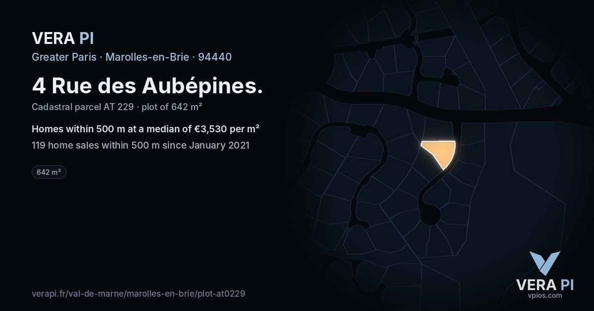 4 Rue des Aubépines, Marolles-en-Brie at night – the plot lit, the parcels around coloured by the prices near them