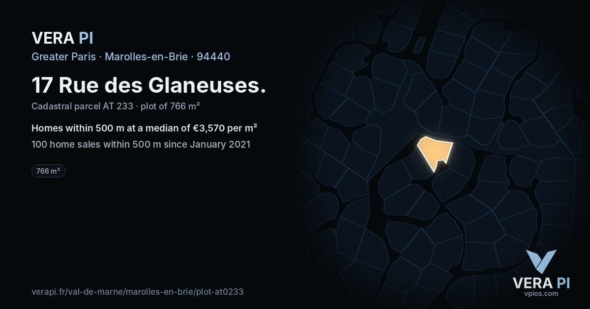 17 Rue des Glaneuses, Marolles-en-Brie at night – the plot lit, the parcels around coloured by the prices near them