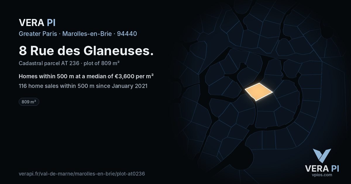 8 Rue des Glaneuses, Marolles-en-Brie at night – the plot lit, the parcels around coloured by the prices near them