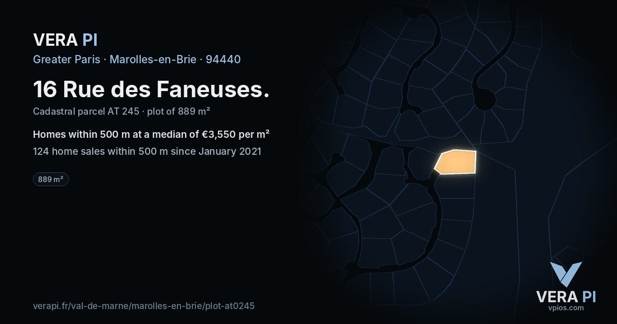 16 Rue des Faneuses, Marolles-en-Brie at night – the plot lit, the parcels around coloured by the prices near them