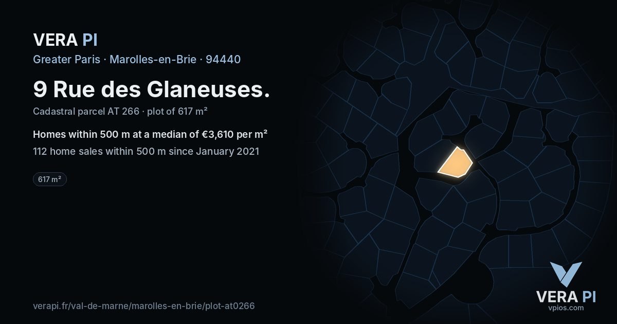 9 Rue des Glaneuses, Marolles-en-Brie at night – the plot lit, the parcels around coloured by the prices near them