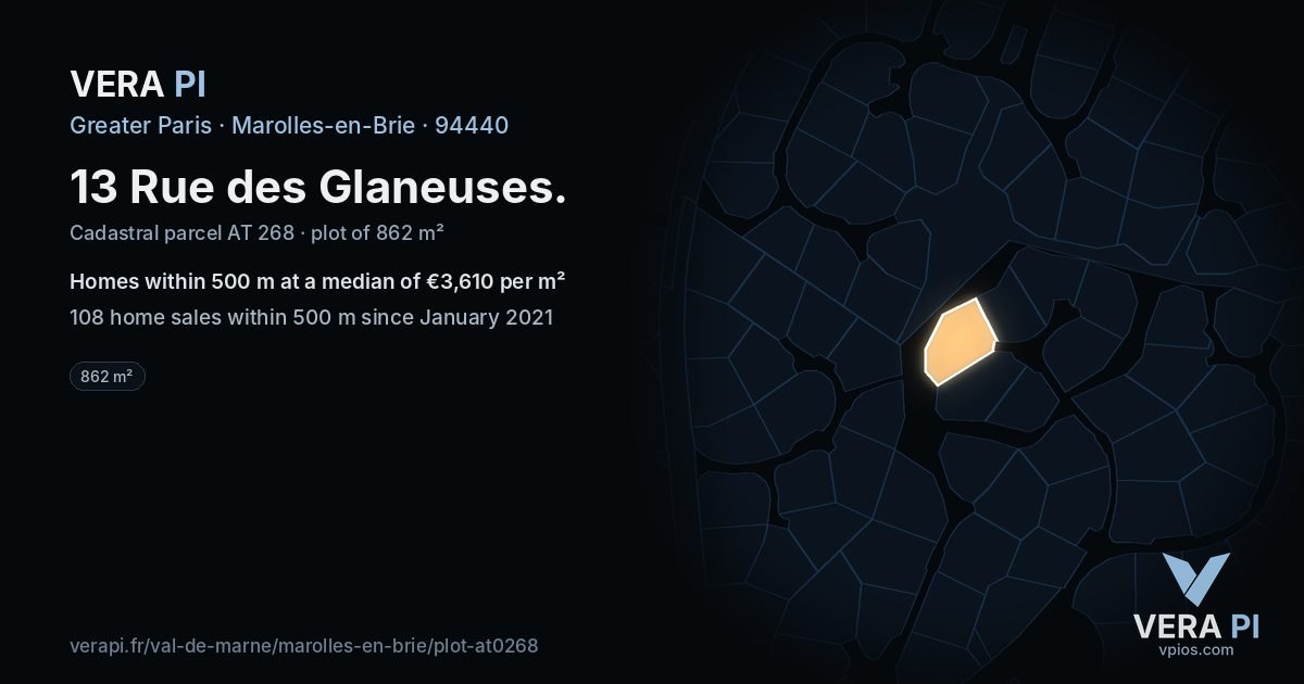 13 Rue des Glaneuses, Marolles-en-Brie at night – the plot lit, the parcels around coloured by the prices near them