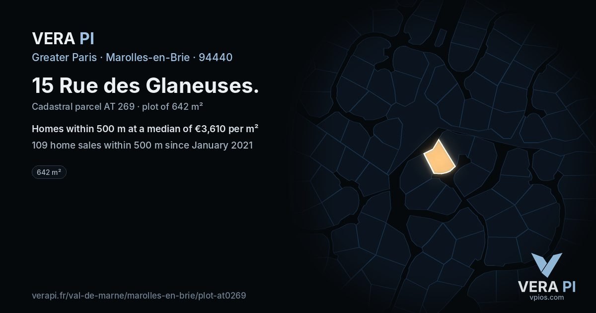 15 Rue des Glaneuses, Marolles-en-Brie at night – the plot lit, the parcels around coloured by the prices near them