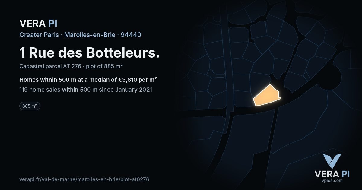1 Rue des Botteleurs, Marolles-en-Brie at night – the plot lit, the parcels around coloured by the prices near them