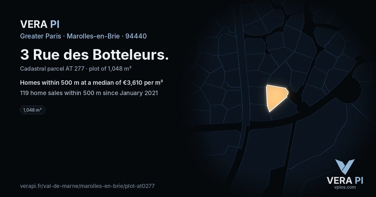 3 Rue des Botteleurs, Marolles-en-Brie at night – the plot lit, the parcels around coloured by the prices near them