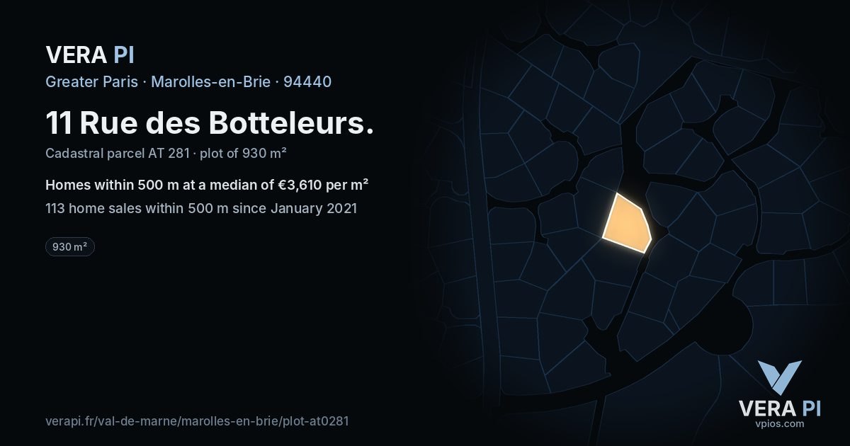 11 Rue des Botteleurs, Marolles-en-Brie at night – the plot lit, the parcels around coloured by the prices near them