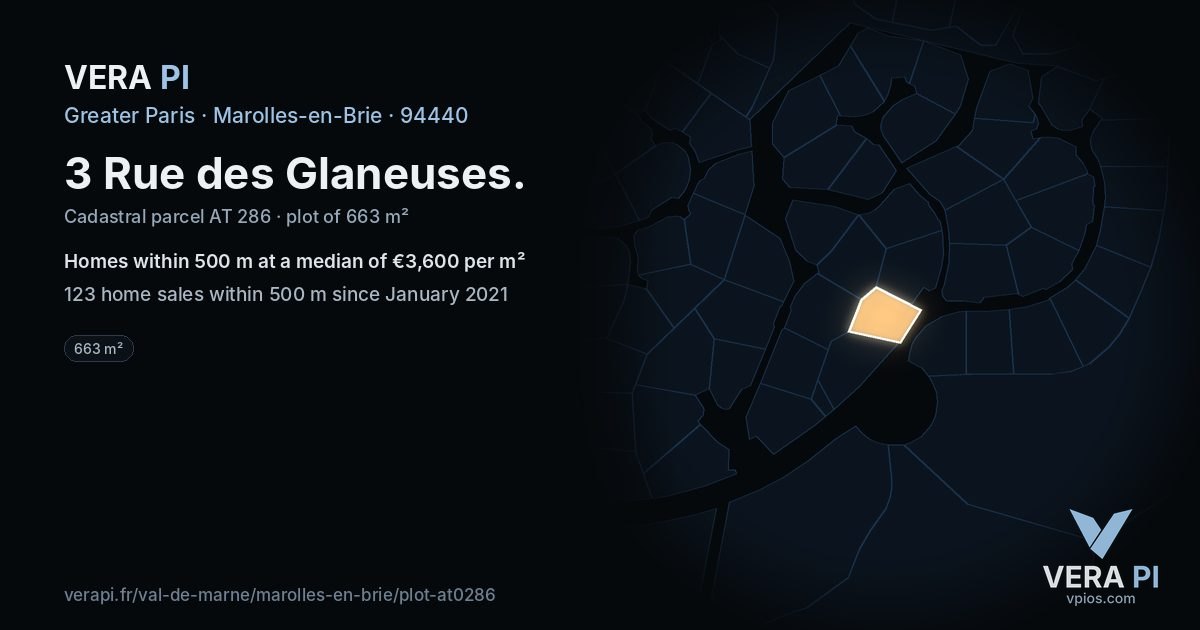 3 Rue des Glaneuses, Marolles-en-Brie at night – the plot lit, the parcels around coloured by the prices near them
