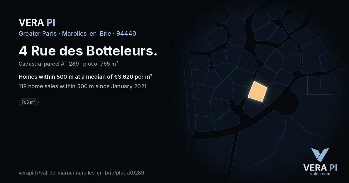 4 Rue des Botteleurs, Marolles-en-Brie at night – the plot lit, the parcels around coloured by the prices near them