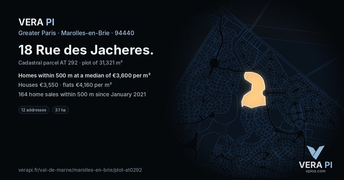 18 Rue des Jacheres, Marolles-en-Brie at night – the plot lit, the parcels around coloured by the prices near them