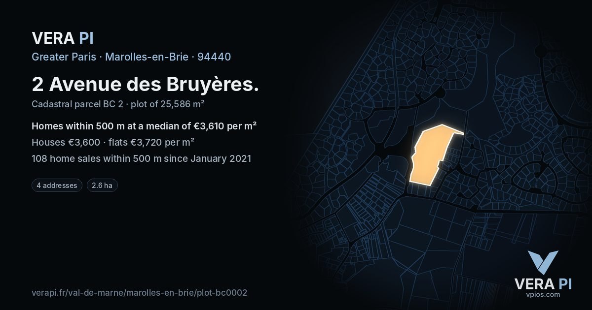 2 Avenue des Bruyères, Marolles-en-Brie at night – the plot lit, the parcels around coloured by the prices near them