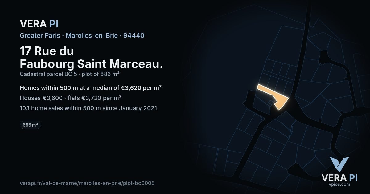 17 Rue du Faubourg Saint Marceau, Marolles-en-Brie at night – the plot lit, the parcels around coloured by the prices near them