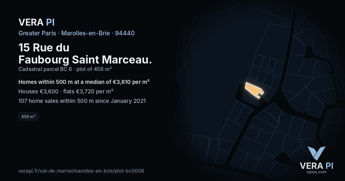 15 Rue du Faubourg Saint Marceau, Marolles-en-Brie at night – the plot lit, the parcels around coloured by the prices near them
