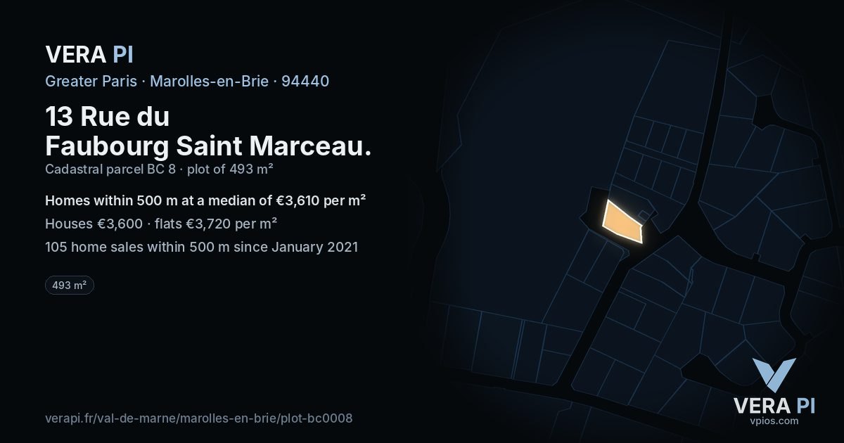 13 Rue du Faubourg Saint Marceau, Marolles-en-Brie at night – the plot lit, the parcels around coloured by the prices near them