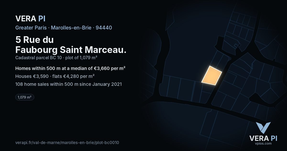 5 Rue du Faubourg Saint Marceau, Marolles-en-Brie at night – the plot lit, the parcels around coloured by the prices near them