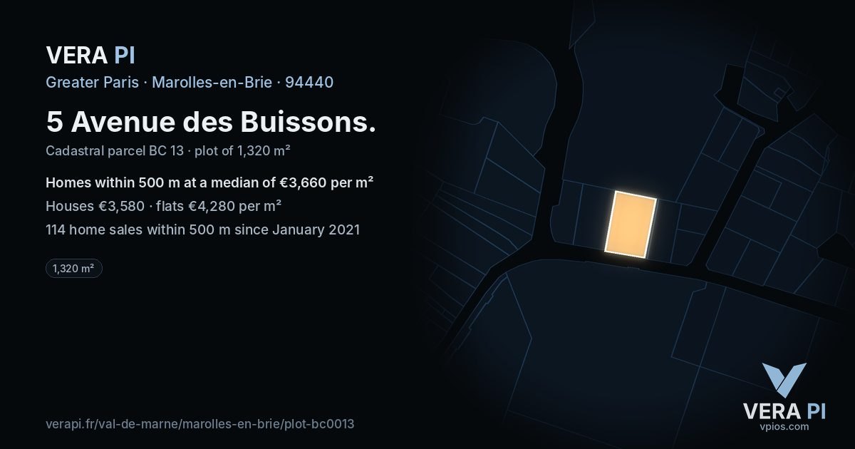 5 Avenue des Buissons, Marolles-en-Brie at night – the plot lit, the parcels around coloured by the prices near them