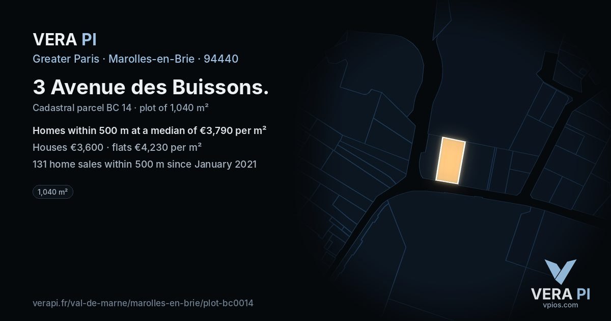 3 Avenue des Buissons, Marolles-en-Brie at night – the plot lit, the parcels around coloured by the prices near them