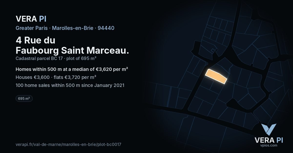4 Rue du Faubourg Saint Marceau, Marolles-en-Brie at night – the plot lit, the parcels around coloured by the prices near them