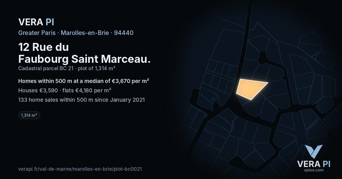 12 Rue du Faubourg Saint Marceau, Marolles-en-Brie at night – the plot lit, the parcels around coloured by the prices near them