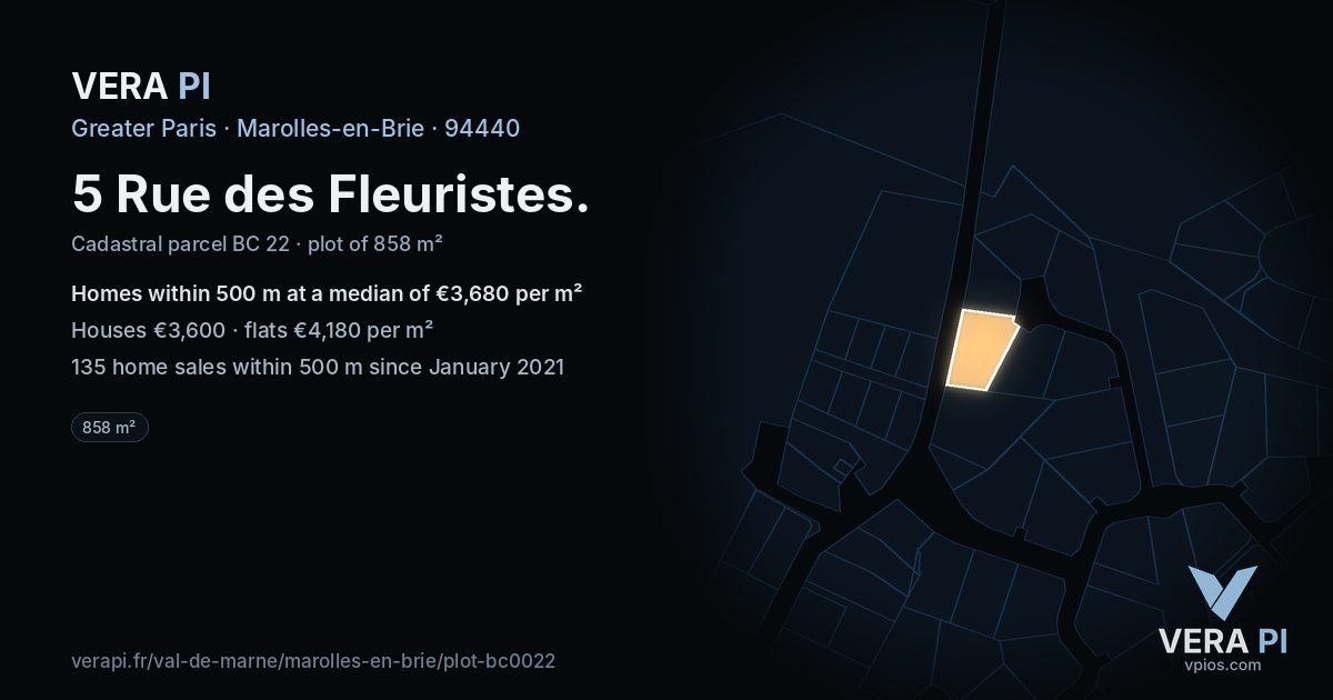 5 Rue des Fleuristes, Marolles-en-Brie at night – the plot lit, the parcels around coloured by the prices near them