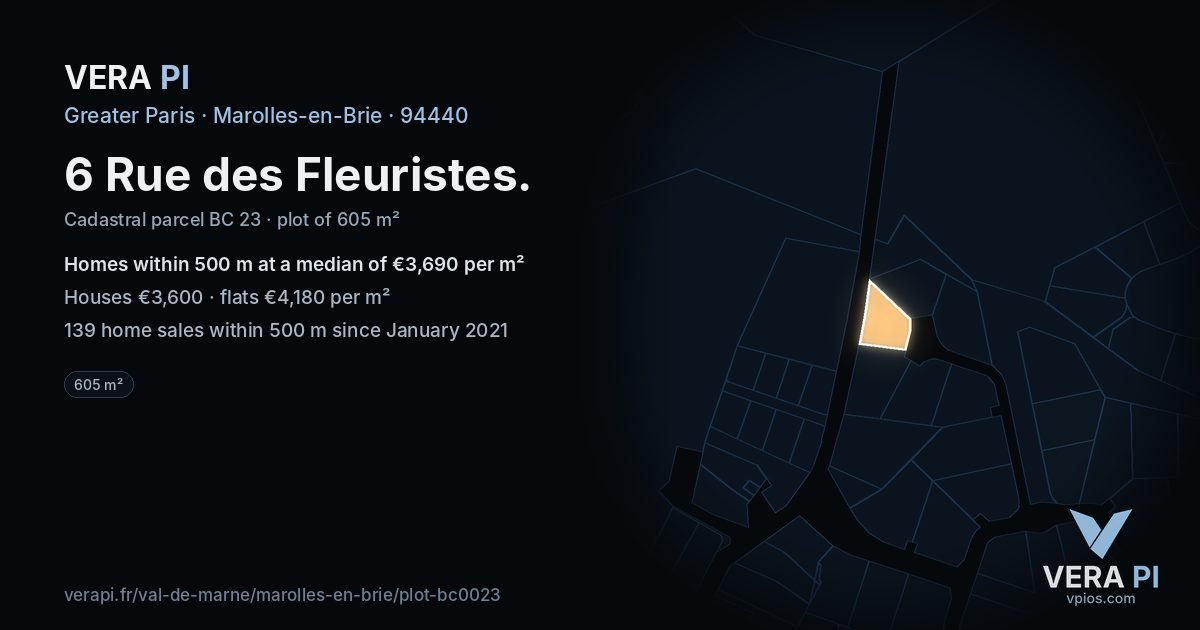 6 Rue des Fleuristes, Marolles-en-Brie at night – the plot lit, the parcels around coloured by the prices near them
