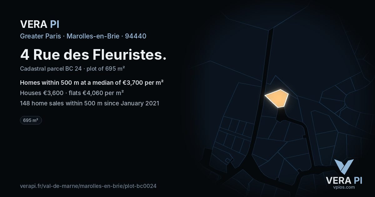 4 Rue des Fleuristes, Marolles-en-Brie at night – the plot lit, the parcels around coloured by the prices near them