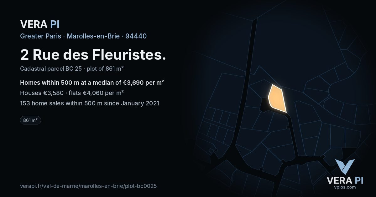 2 Rue des Fleuristes, Marolles-en-Brie at night – the plot lit, the parcels around coloured by the prices near them