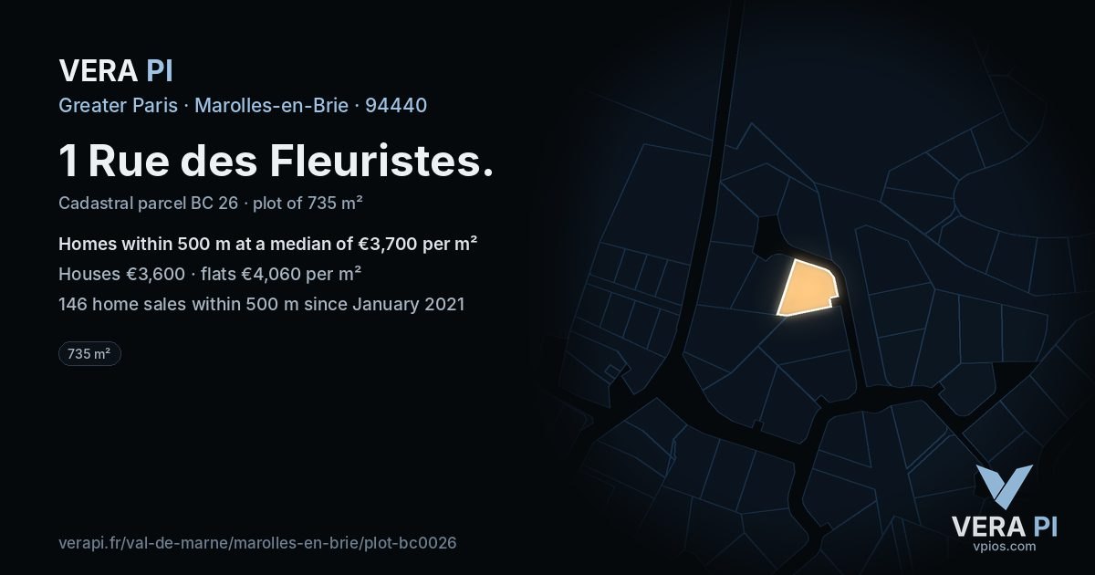 1 Rue des Fleuristes, Marolles-en-Brie at night – the plot lit, the parcels around coloured by the prices near them