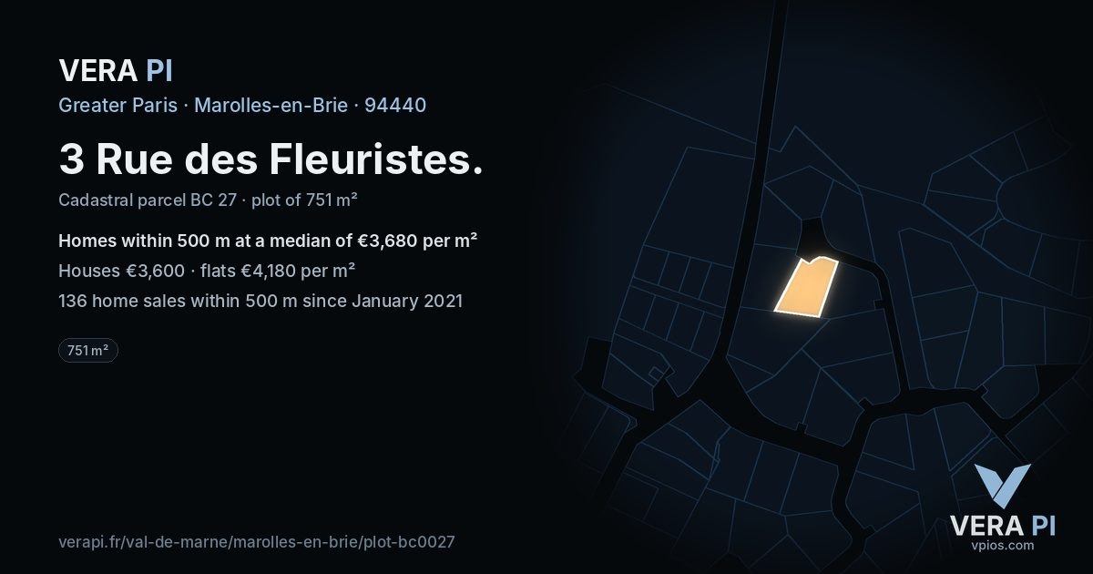 3 Rue des Fleuristes, Marolles-en-Brie at night – the plot lit, the parcels around coloured by the prices near them